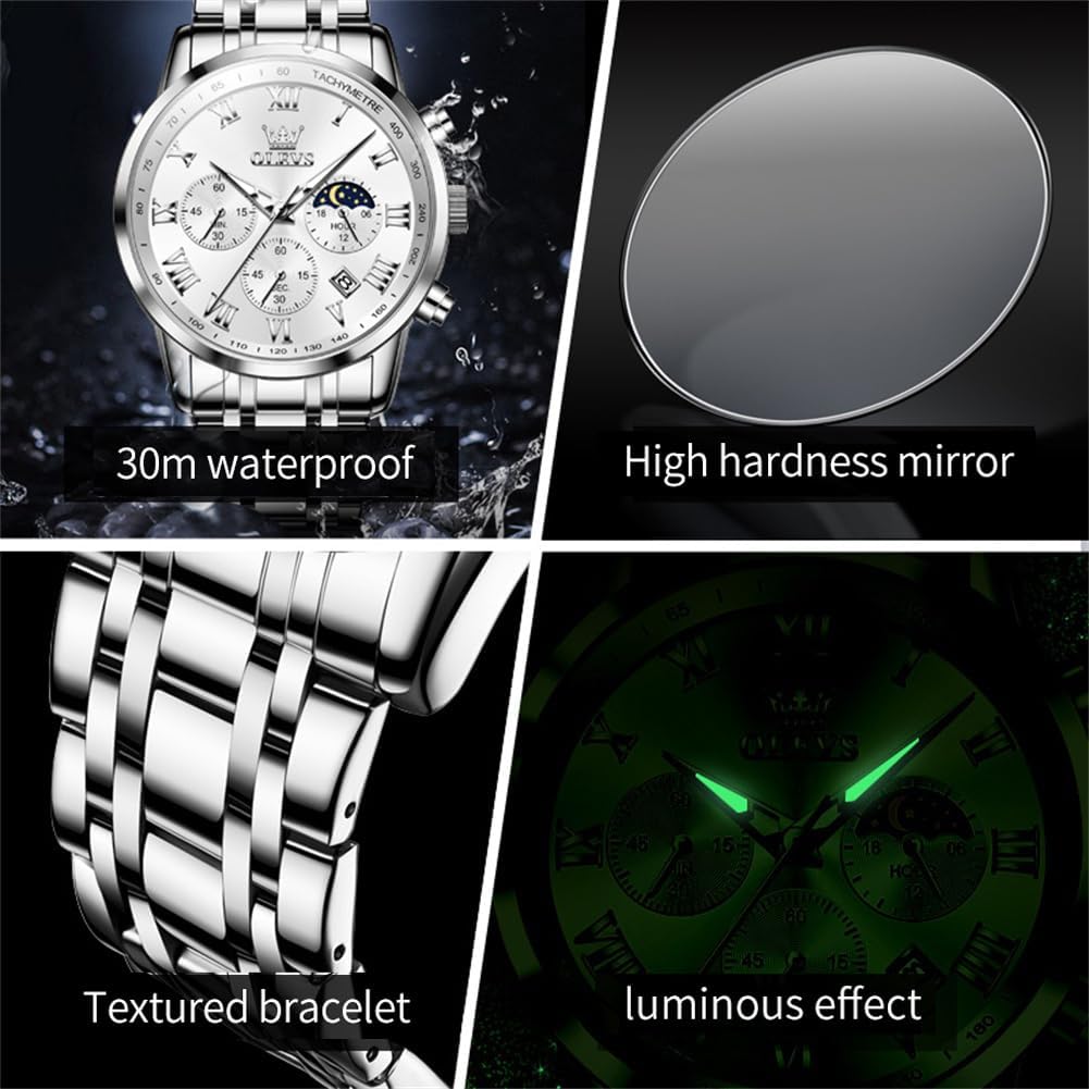 OLEVS Men's Multifunction Chronograph Watch – Waterproof, Luminous Stainless Steel Wristwatch with Date, Luxury Gift for Men Review 6 Product Image