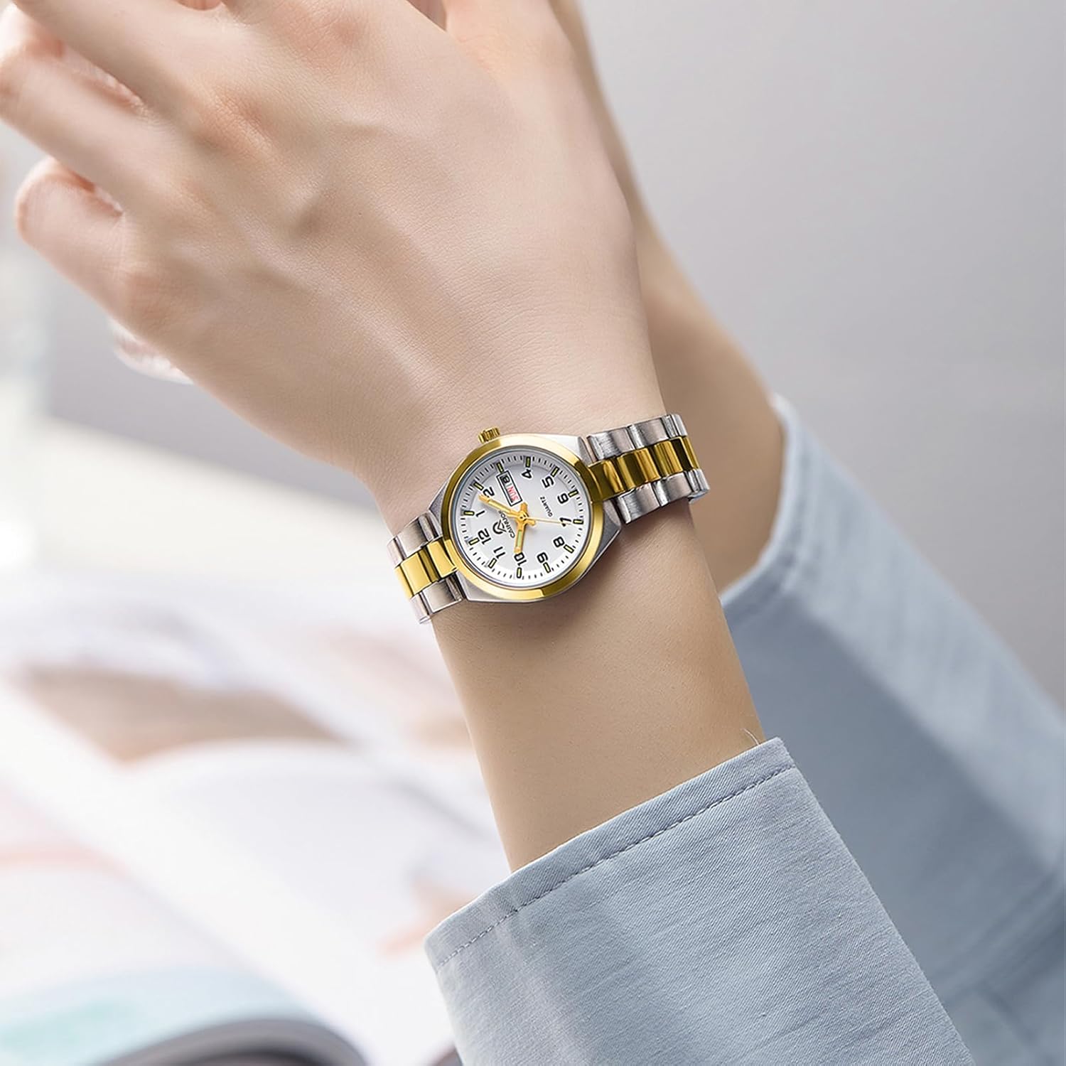 Women's Gold Quartz Watch Review: Elegant Stainless Steel Design with Day & Date Display 6 Product Image