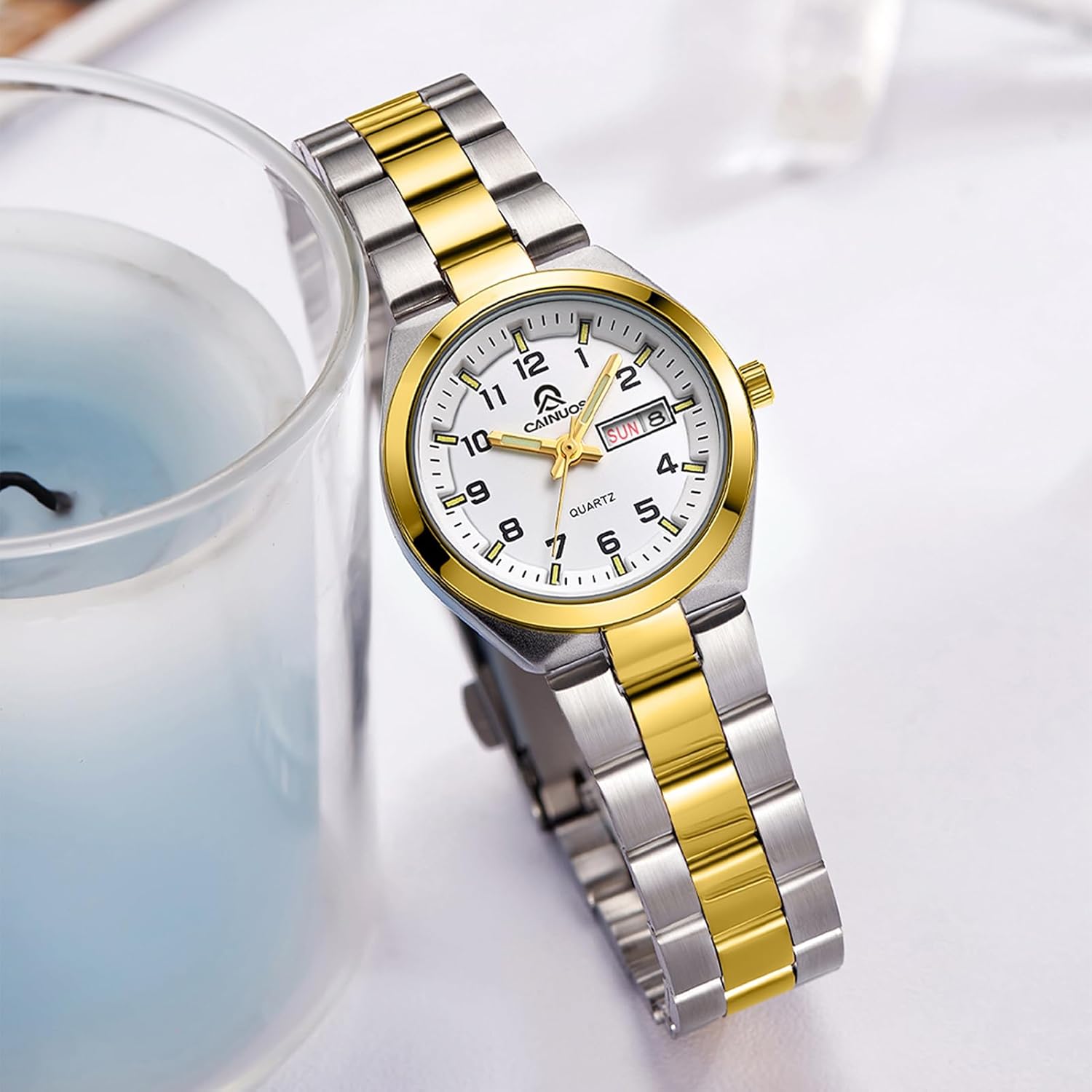 Women's Gold Quartz Watch Review: Elegant Stainless Steel Design with Day & Date Display 4 Product Image