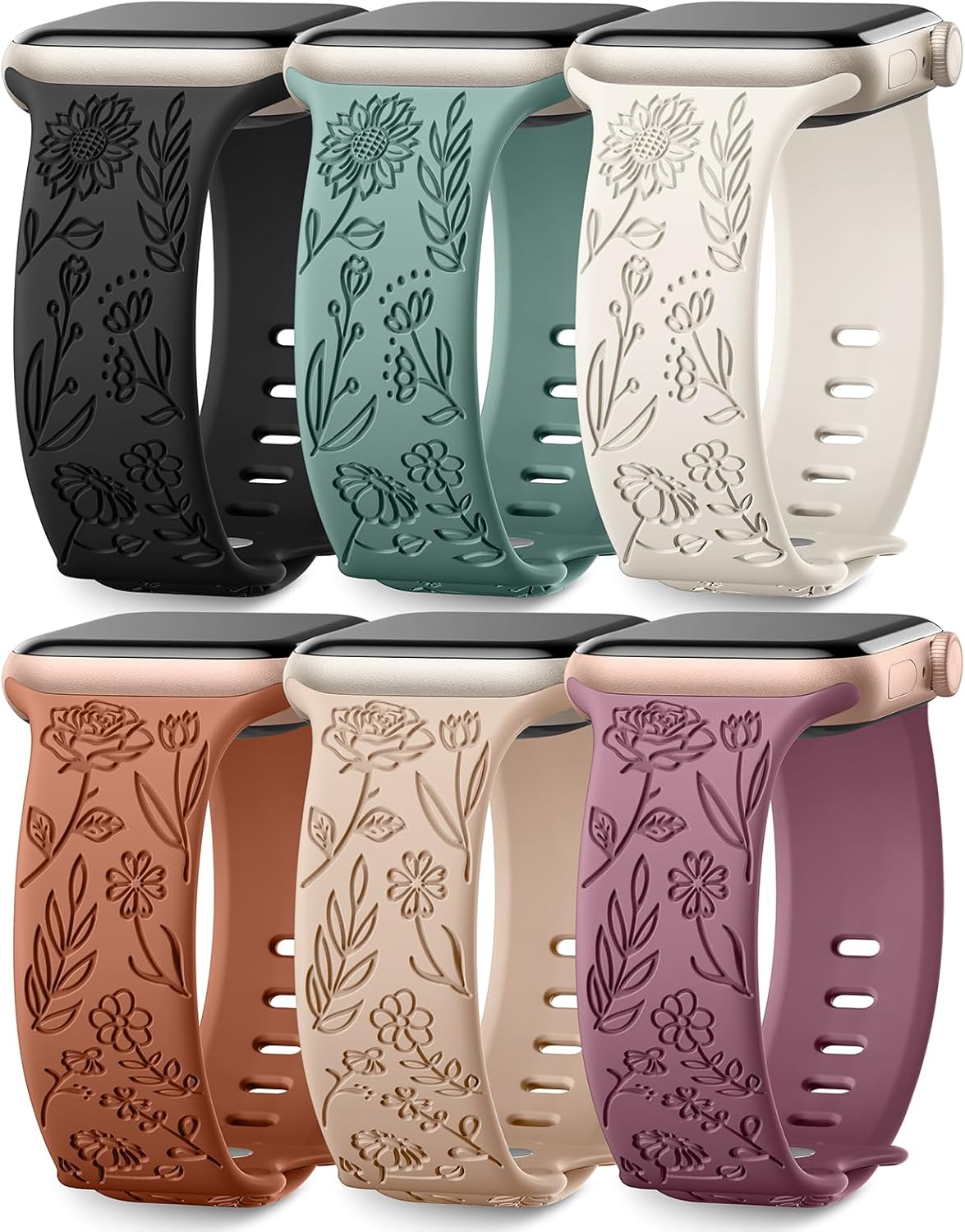 SNBLK Floral Engraved Apple Watch Bands - 6 Silicone Straps 2 Featured product image