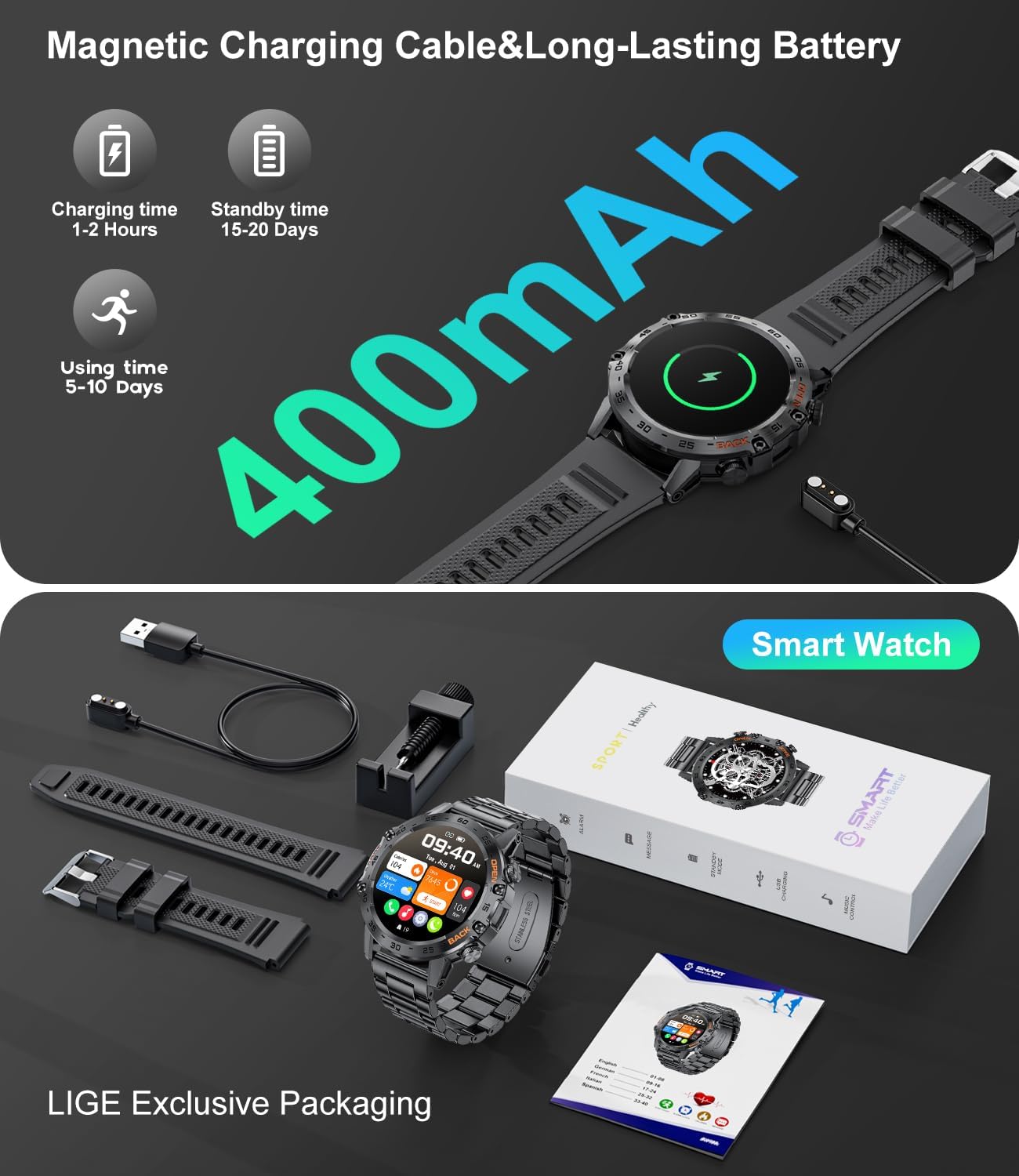 SUNKTA Military Smart Watch, 100 Sports Modes, 5ATM, Calls 14 71892UKSRL. AC SL1500 1