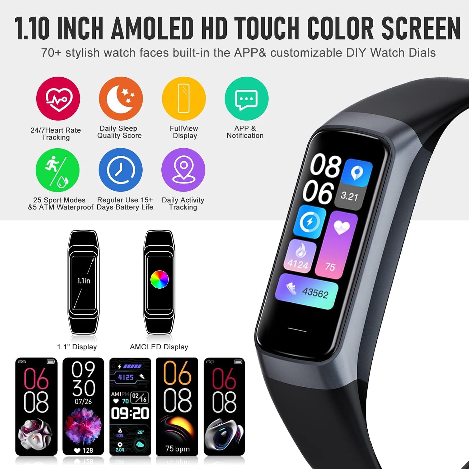 Fitness Tracker with 24/7 Heart Rate, Activity Trackers with Blood Pressure Sleep Monitor, 1.10" AMOLED Screen Step Tracker, Waterproof Step Counter, Health Smart Watch Pedometer for Women Men 3 Fitness Tracker with 24/7 Heart Rate, Activity Trackers with Blood Pressure Sleep Monitor, 1.10" AMOLED Screen Step Tracker, Waterproof Step Counter, Health Smart Watch Pedometer for Women Men — Overview