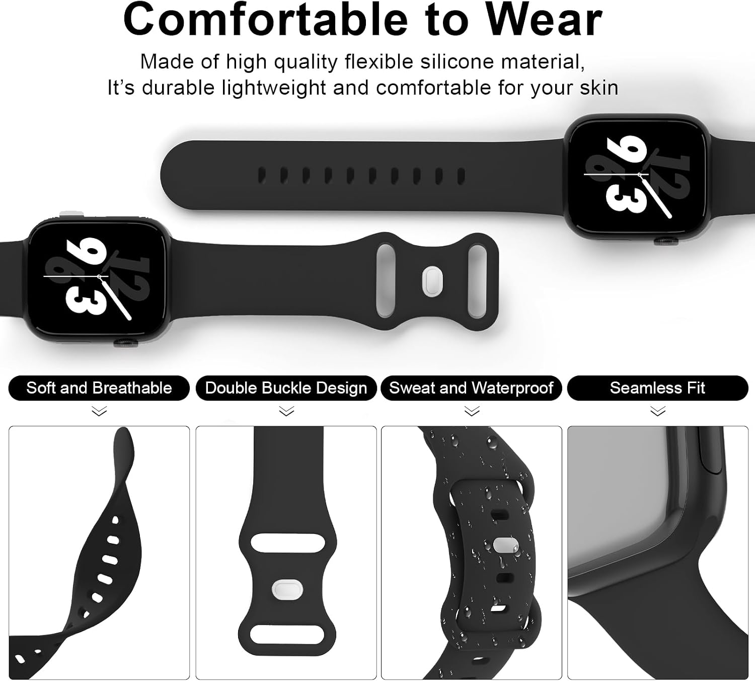 Sport Band Compatible with Apple Watch 38mm 40mm 41mm 42mm 44mm 45mm 46mm 49mm, Replacement Soft Silicone Strap Wristbands for iWatch Series 11/10/9/8/7/6/5/4/3/2/1 Ultra SE Women Men, Black — Key Features