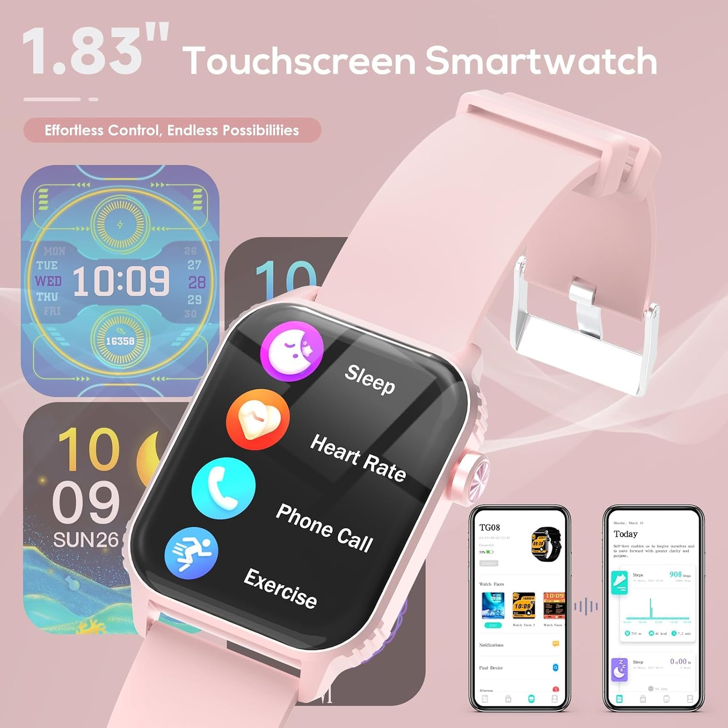 Smart Watch for Women, 120 Sports Modes Smartwatch with 1.83" HD, Alexa Built-in, Heart Rate/Sleep Monitor, IP67 Waterproof, Bluetooth Call & Music Control Fitness Watch for iPhone/Android (Pink) 4 Smart Watch for Women, 120 Sports Modes Smartwatch with 1.83" HD, Alexa Built-in, Heart Rate/Sleep Monitor, IP67 Waterproof, Bluetooth Call & Music Control Fitness Watch for iPhone/Android (Pink) — Key Features